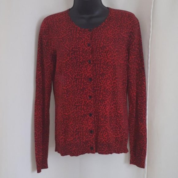 ANN TAYLOR | Women's Leopard Print Cardigan Red Size Medium - Picture 1 of 4